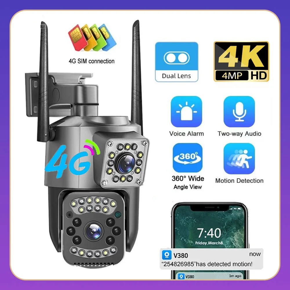 4G SIM Card CCTV Camera 4K 4MP HD V380 Pro Waterproof Outdoor IP Smart Home Security Camera  Color Night Vision AI 4G Camera