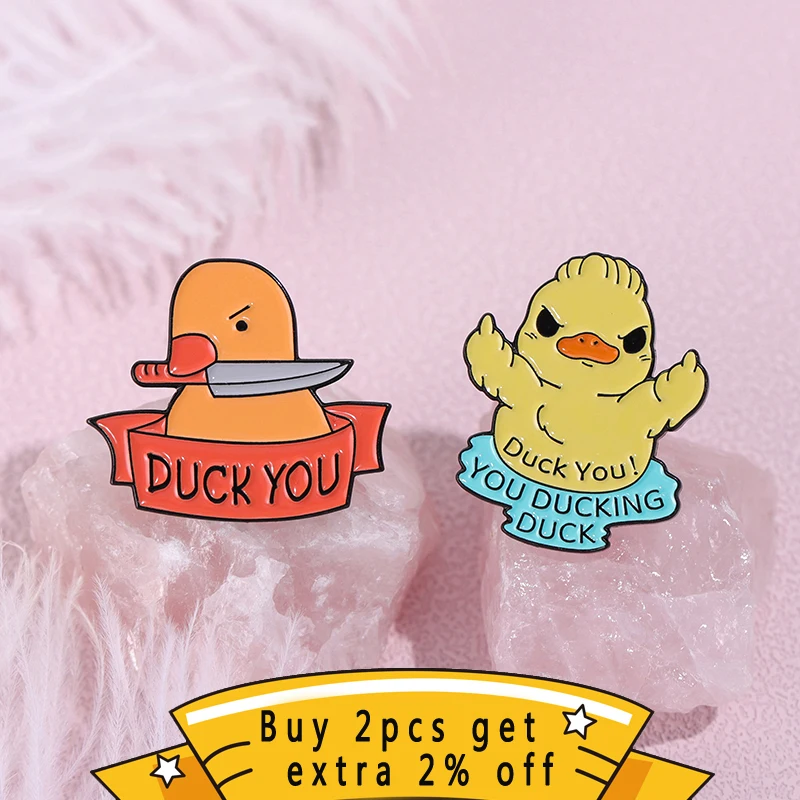 Duck You You Ducking Duck Enamel Pins Custom Cute Dagger Duck Brooches Lapel Badges Cartoon Animals Jewelry Gift For Kids Friend