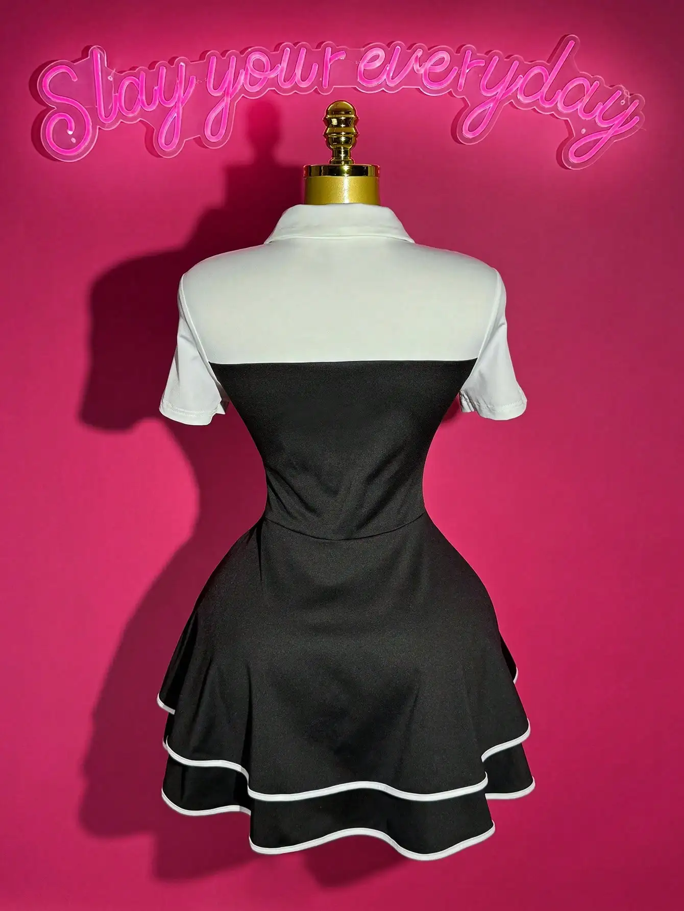 Black & Mint Polo Collar Bowknot A-Line Mini Dress with Ruffle Hem