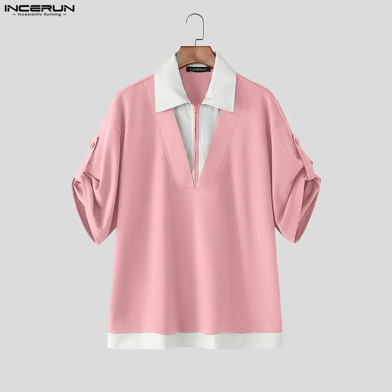 

INCERUN Men Shirt Patchwork Lapel Short Sleeve Zipper Men Clothing Streetwear Loose Korean Style Fashion Casual Male Tops S-5XL