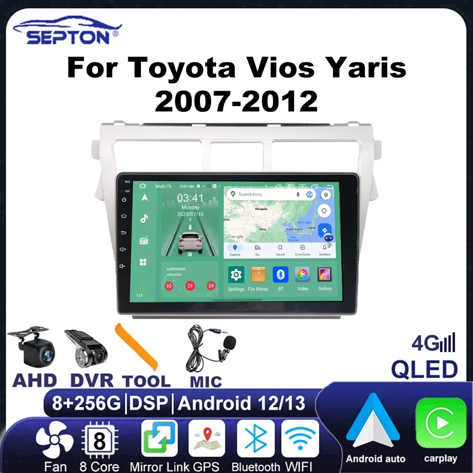 

SEPTON Android Car Radio Multimedia Player for Toyota Vios Yaris 2007-2012 CarPlay Navigation GPS 4G Android Auto 2Din Head Unit