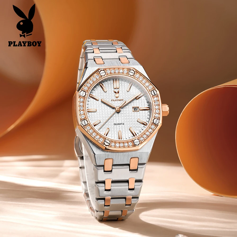 

PLAYBOY Luxury Elegant Women Watches Quartz Wristwatch Stainless Steel Waterproof Luminous Auto Date Watches for Women 3526