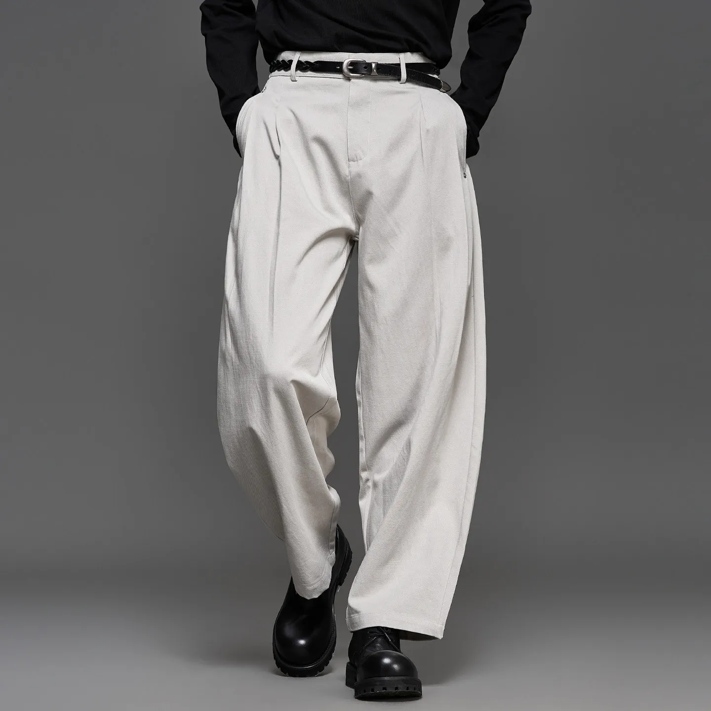 High Quality Lyocell Cotton Japanese Style Greige Minimalist Retro Loose Men's Machete All-Match Commute Straight-Leg Pants