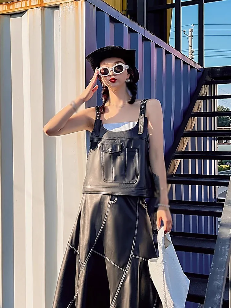 Fashion Women Black Genuine Leather Vest Adjustable Strap Waistcoat Streetwear Loose Fit Casual Real Sheepskin Sleeveless Jacket