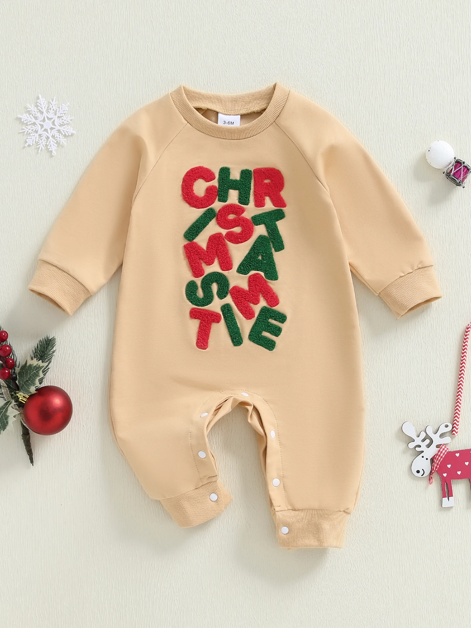 Детский праздничный комбинезон. Уютный комбинезон из смеси хлопка с длинными рукавами и круглым вырезом, праздничным вышитым дизайном и стилем без ног.