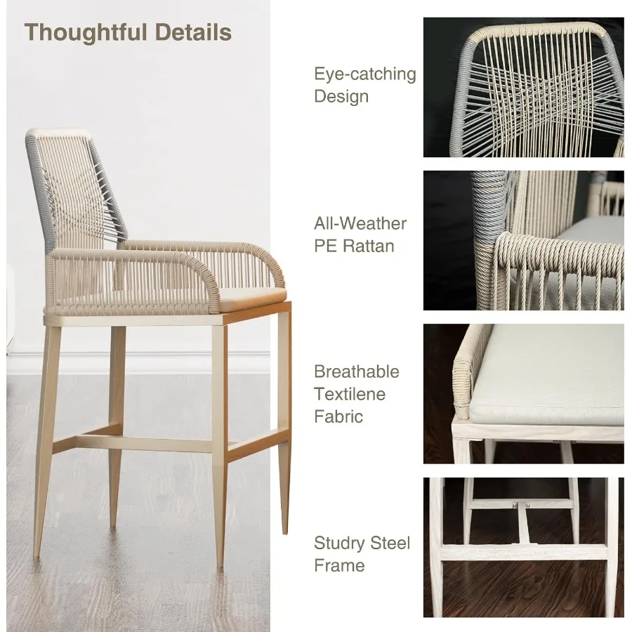 Outdoor Bar Stools Set of 2 Aluminum Rattan Counter Height Bar Stools with Removable Cushion Boho Style Barstools for Patio Kit