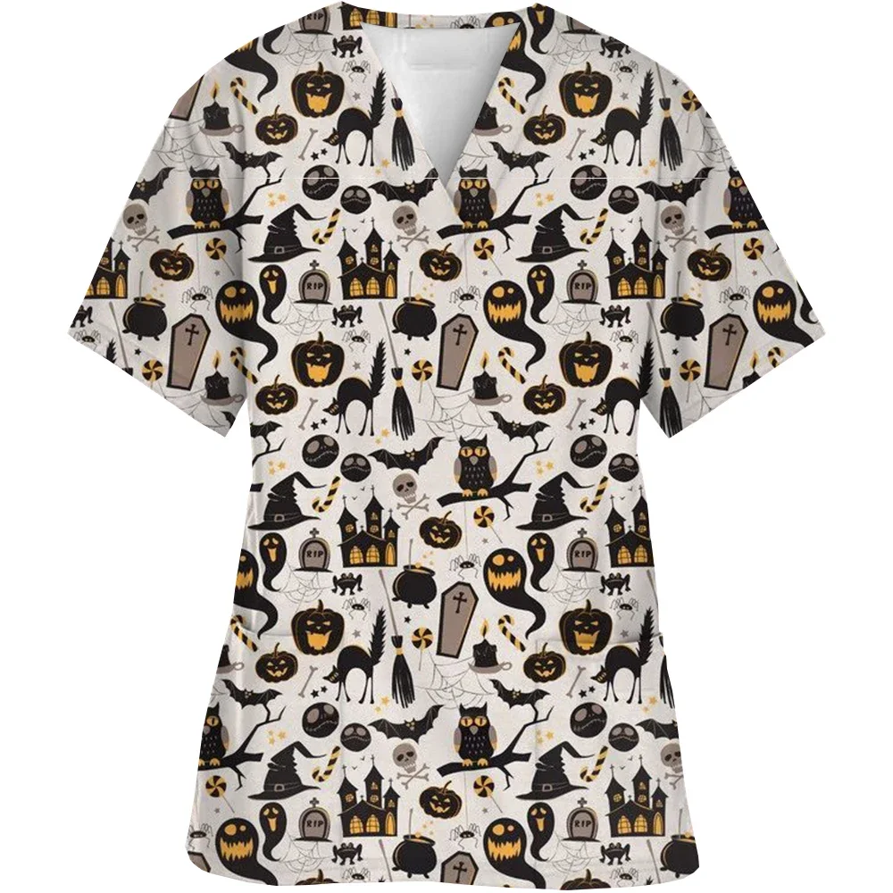 เสื้อพยาบาลแขนสั้นคอวีสำหรับผู้หญิง ชุดทำงานแฟชั่นลำลองลายพิมพ์สำหรับผู้หญิงช่วงฮาโลวีน ชุดทำงานป้องกันตัว ชุดยูนิฟอร์มทางการแพทย์