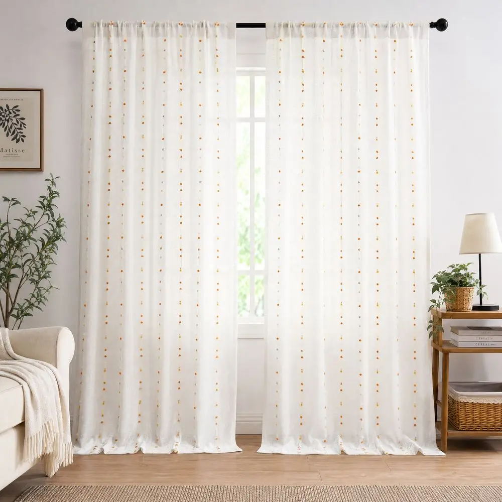 1 Piece, Bohemian Retro Style Gauze Light-Filtering Curtains, Available in Multiple Colors: White / Orange-Yellow / Yellow-Green / Pink / Black-Gray, Rod-Top Installation, Polyester Material, Washable, Naturally Drapin