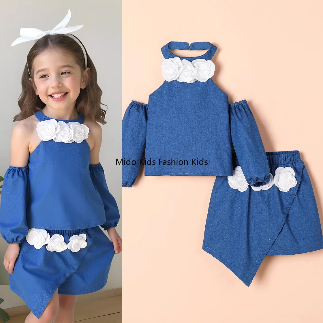 

Новый осенний комплект для девочек 2026 года, 2 предмета: топ с цветочным принтом на бретелях и длинными рукавами, асимметричная однотонная юбка, для 2-7 лет