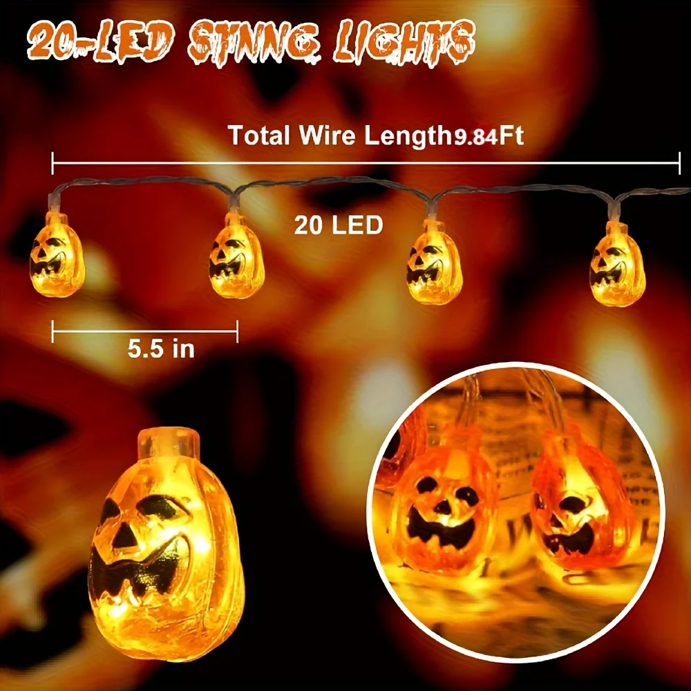 59/118in 10/20LEDs Smiling Pumpkin String Lights Portable Indoor Decor Lights for Halloween Christmas Parties Holiday Decoration