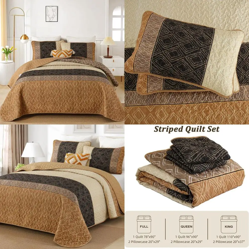 

Коричневый комплект одеял King Size из 3 предметов, покрывало в полоску в стиле бохо, комплект постельного белья в клетку для фермерского дома, одеяло из микробера с 2 подушками Shams 110