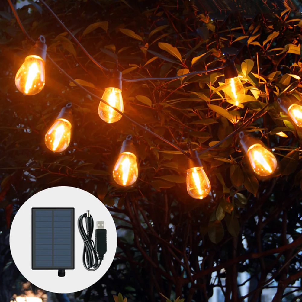 Christmas Golden Flame Effect Light String, Lâmpada Solar, 8 m Comprimento, S14, Decoração de Tenda, Luzes Ambiente, Sensor Automático