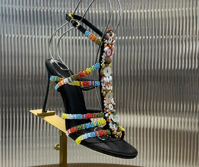 2025 New Colorful Shell Handmade Women Sandals Silver Sole Thin Heel Fashion Crystal Bling Bling High Heels Black Genuine Shoes