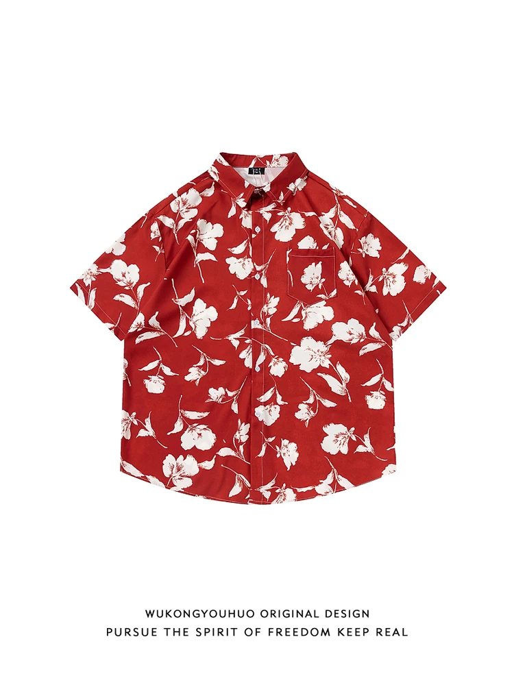 

Summer Floral Print Red ort Sve Men's irt Casual Loose Couple Streetwear Brand Guan Kong Has Goods Youth Faion