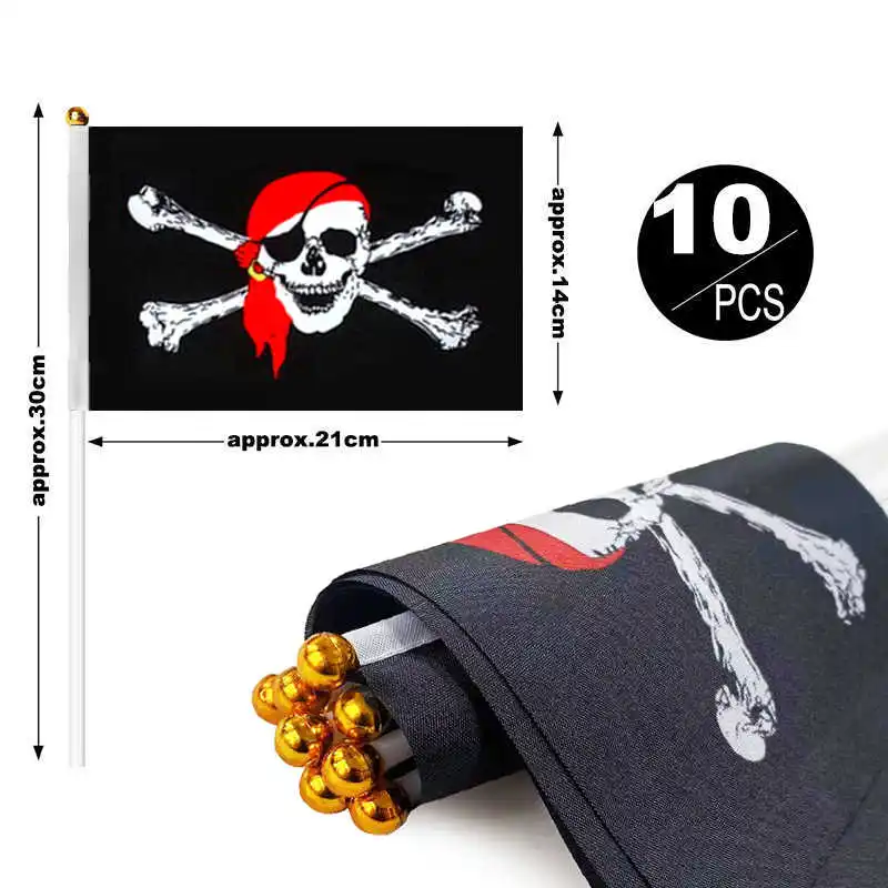 10 Pack Pirate Flag Jolly Roger Blackjack Corsair Skull and Cross-Bones Halloween Hand Held Small Stick Black Flags Decoration