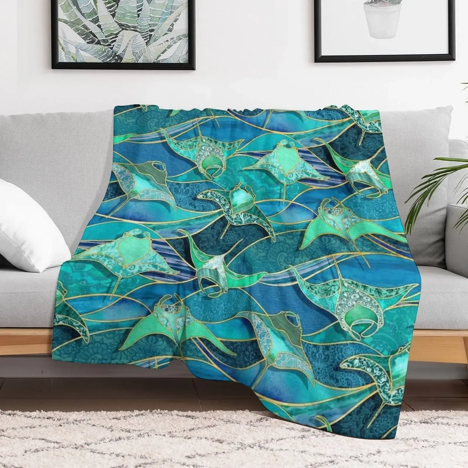 Patchwork Manta Rays in Teal Blue and Jade Green Throw Blanket Luxury Designer manga Sofa Sofas Blankets