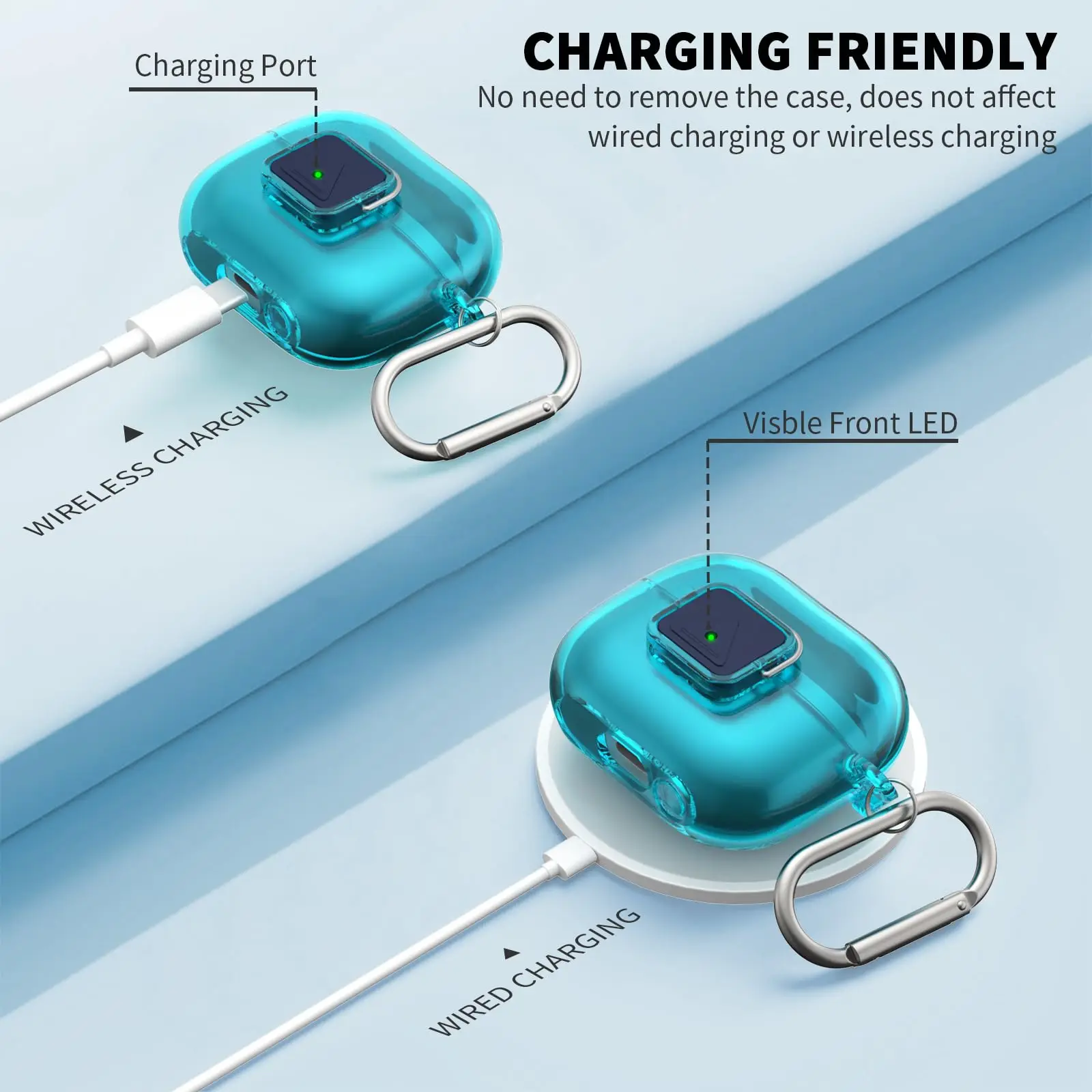 قفل آمن لهاتف سامسونج جالاكسي بادز 3 برو، غطاء حماية أزرق شفاف مع مجموعة تنظيف وسلسلة مفاتيح لهاتف سامسونج جالاكسي بادز 3