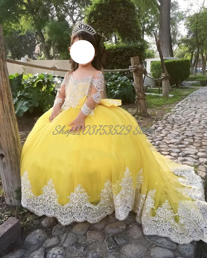 Luxury Yellow Flower Girl Dresses Elegant O Neck Long Sleeve Appliqued Gauze Tier Column Bow Mini Little Princess Party Dresses