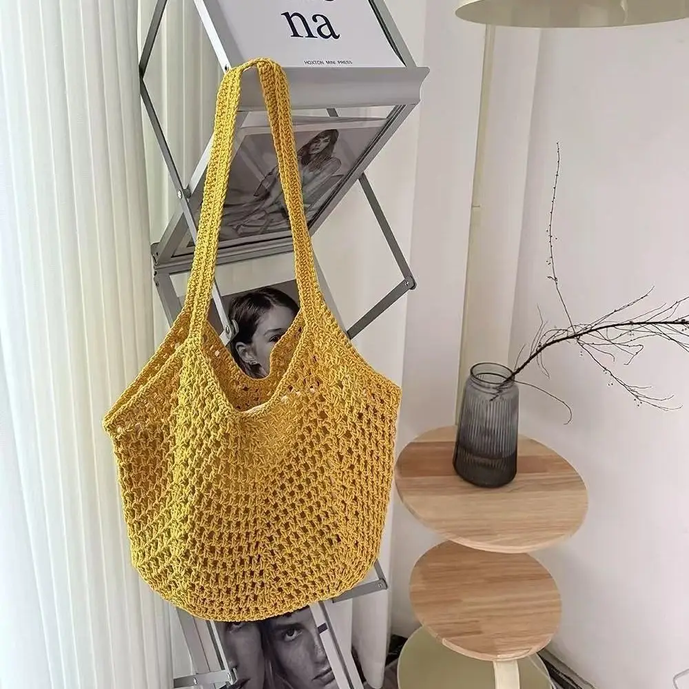 

Вязаная сумка через плечо однотонного цвета, большая вместимость, ажурная, в богемном стиле, вязаная крючком, винтажная, универсальная, повседневная, плетеная сумка-тоут