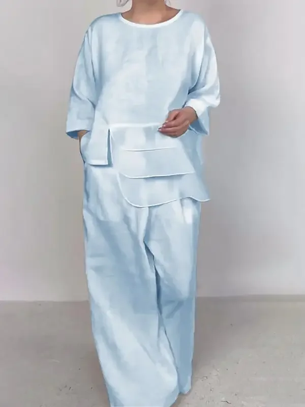 

Casual Solid 2 Piece Set Commuting Women's Suit Fashion O-neck Seven-quarter Sleeve Irregular Pullover Top Wide-leg Trousers Set