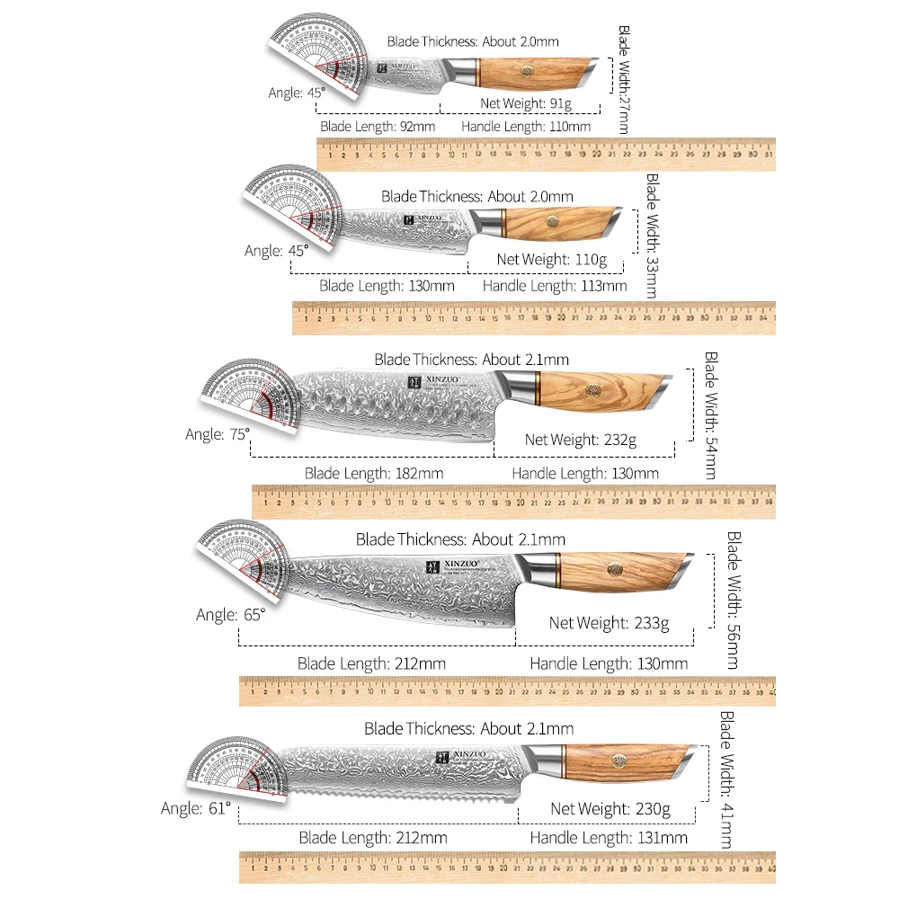 XINZUO 5pcs Knife Set Powder Steel Core 73 Layers Damascus Steel Sharp Bread Chef Meat Knife Olive Wood Handle