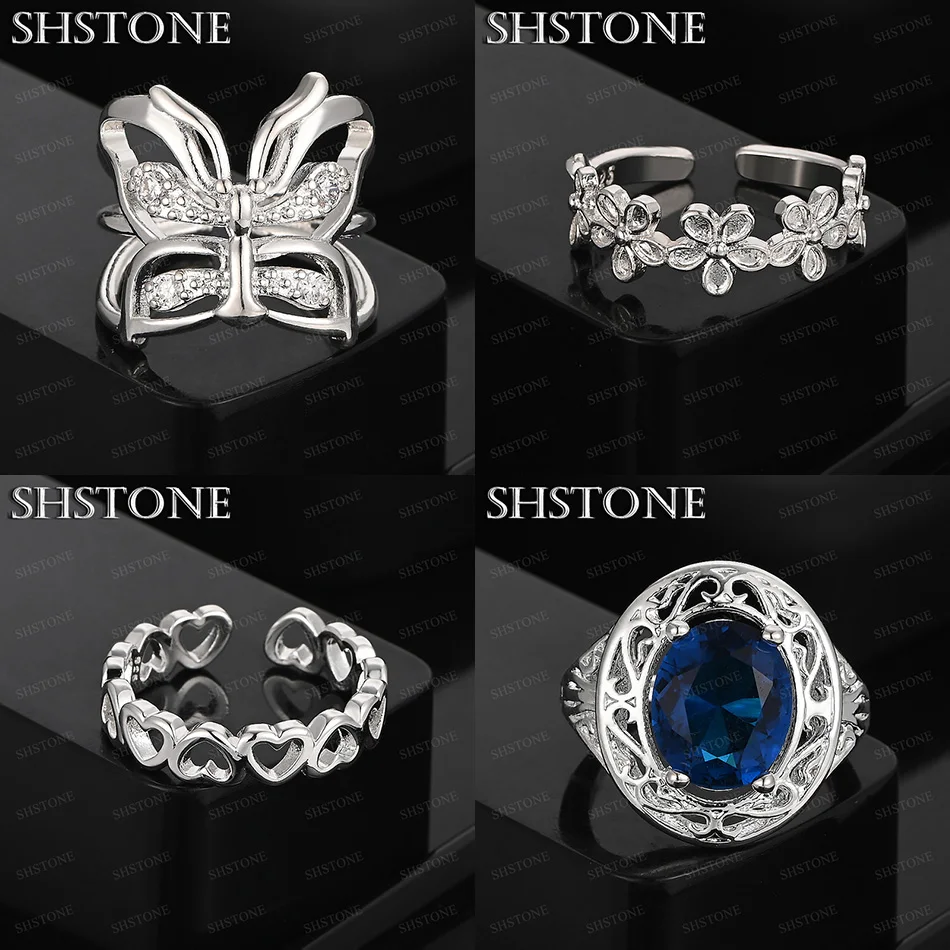 

New 925 Sterling Silver Heart Butterfly Flower Oval Blue Zircon Ring Women Party Wedding Birthday Jewelry Gift Accessories