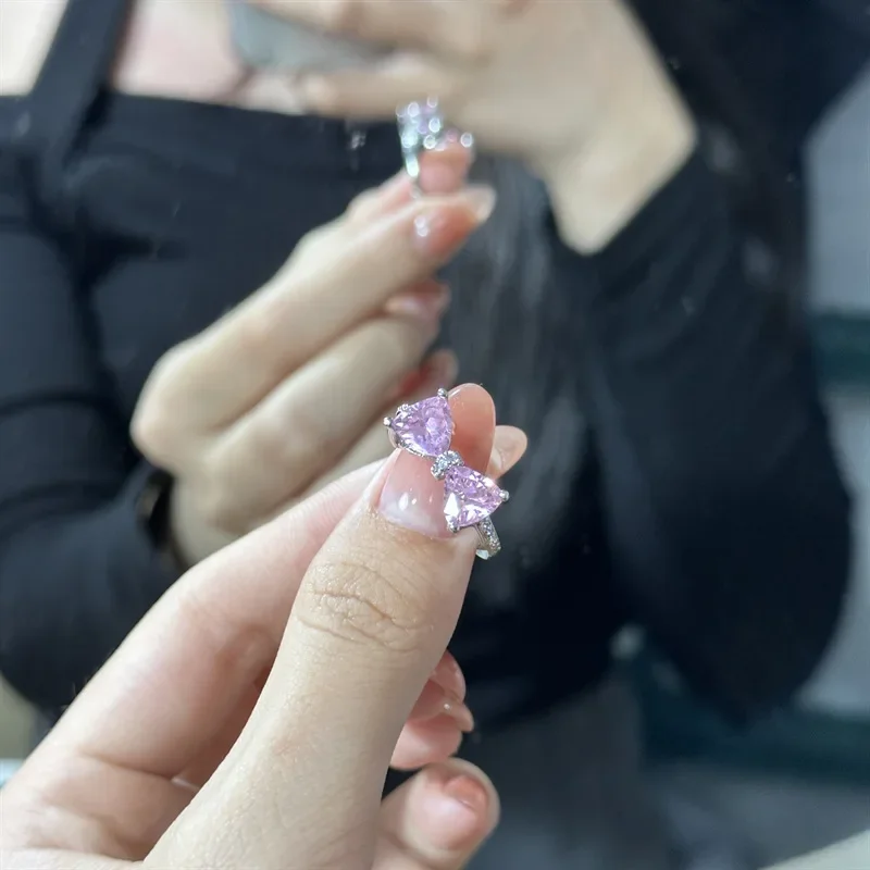 MDL مويسانيتي. نمط الوردي القوس افتتاح حلقة الإناث فلاش الوردي الماس زركونيا الفرنسية حساسة مايكرو مجموعة الحلو فتاة الدائري