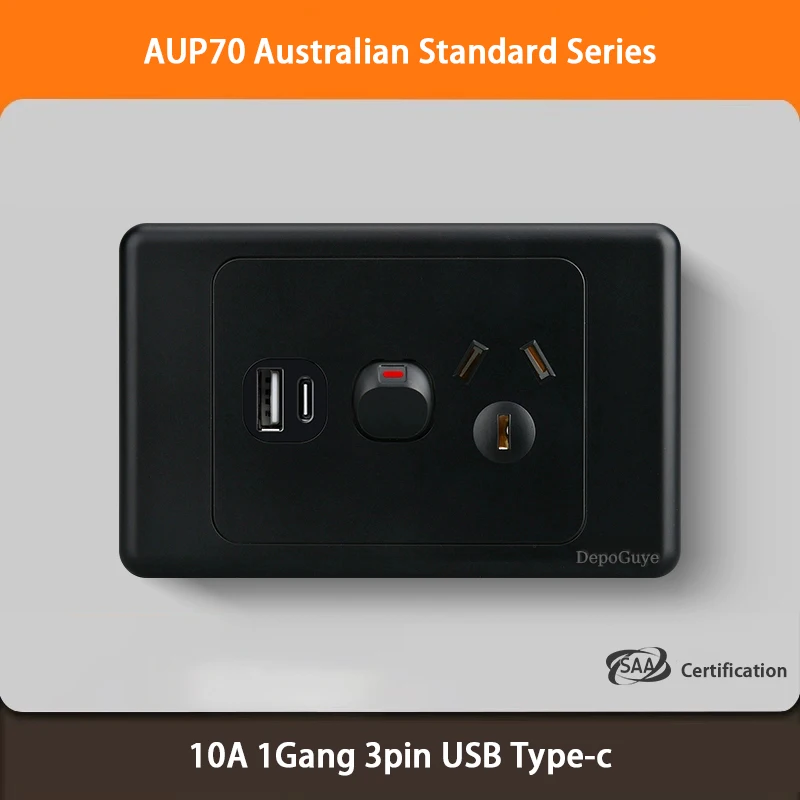 Black Australian Standard USB C Wall Dual Socket with 1/2/3Gang Switch,AU Plug Adapter Mobile Phone Charging Power 10A Outlet image 5
