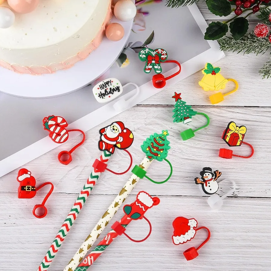 12 шт., силиконовая крышка для соломинки на рождественскую тематику для соломинки 10 мм, пылезащитная соломинка для питья, топпа для рождественских праздничных вечеринок