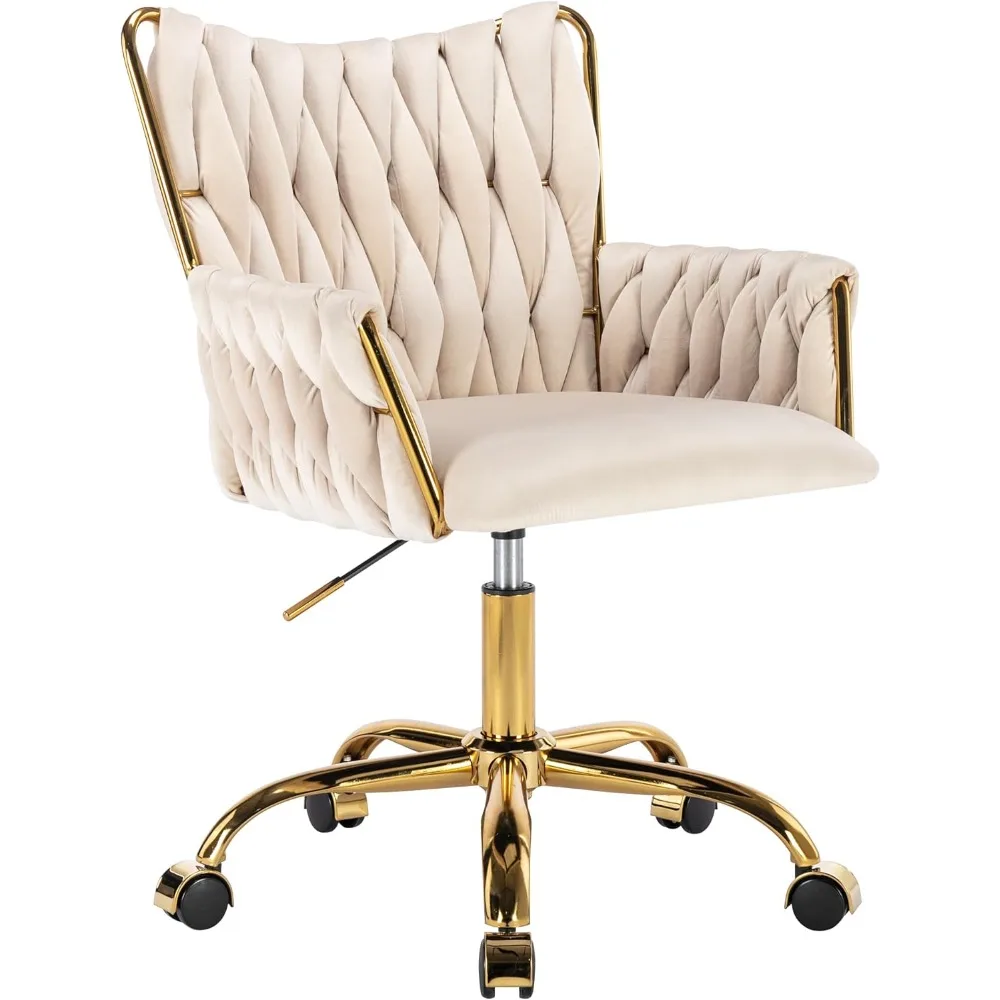 

Velvet Desk Chair, Home Office Gold Comfy Chair with Hand Woven Back, Height Adjustable Swivel Chair with Comfy Upholster for M
