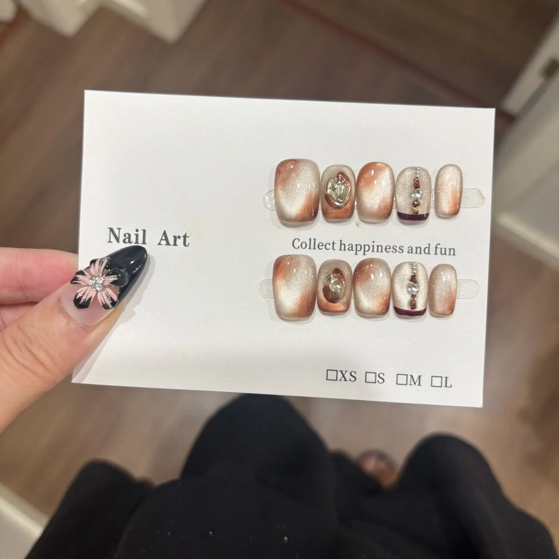 10Pcs Handmade Short French Press On Nails Amber Glitter Glossy Cat Eye Gradients Design Autumn False Nails Wearable Nails Tips