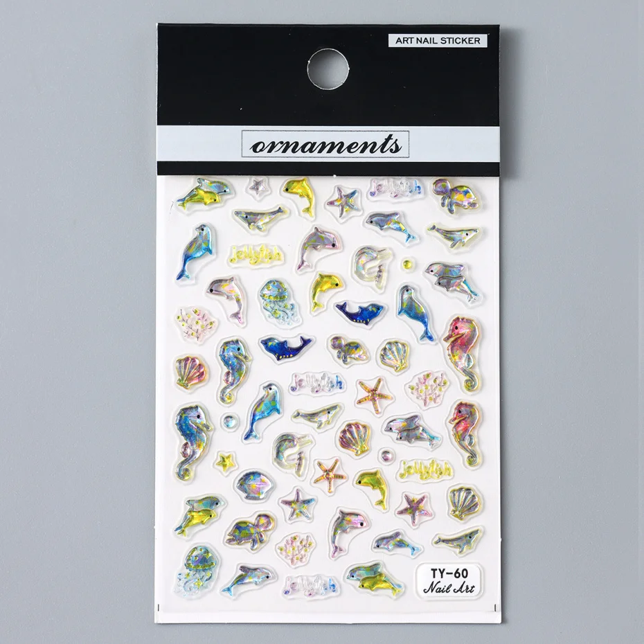 5D น่ารัก Dolphin สติ๊กเกอร์เล็บ SHINY Seashell ปลาดาว Ocean สัตว์ออกแบบฤดูใบไม้ผลิฤดูร้อน Jelly กาว Decals ตกแต่งเล็บ