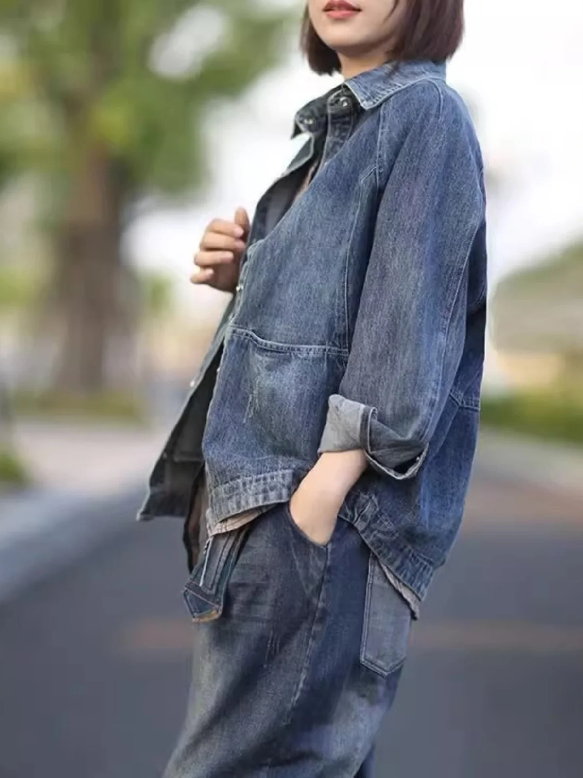 Loose Women's Denim Jacket Long Sleeve  Collar Retro Casual Style Korean Version Autumn Collection Fashionable Outerwear