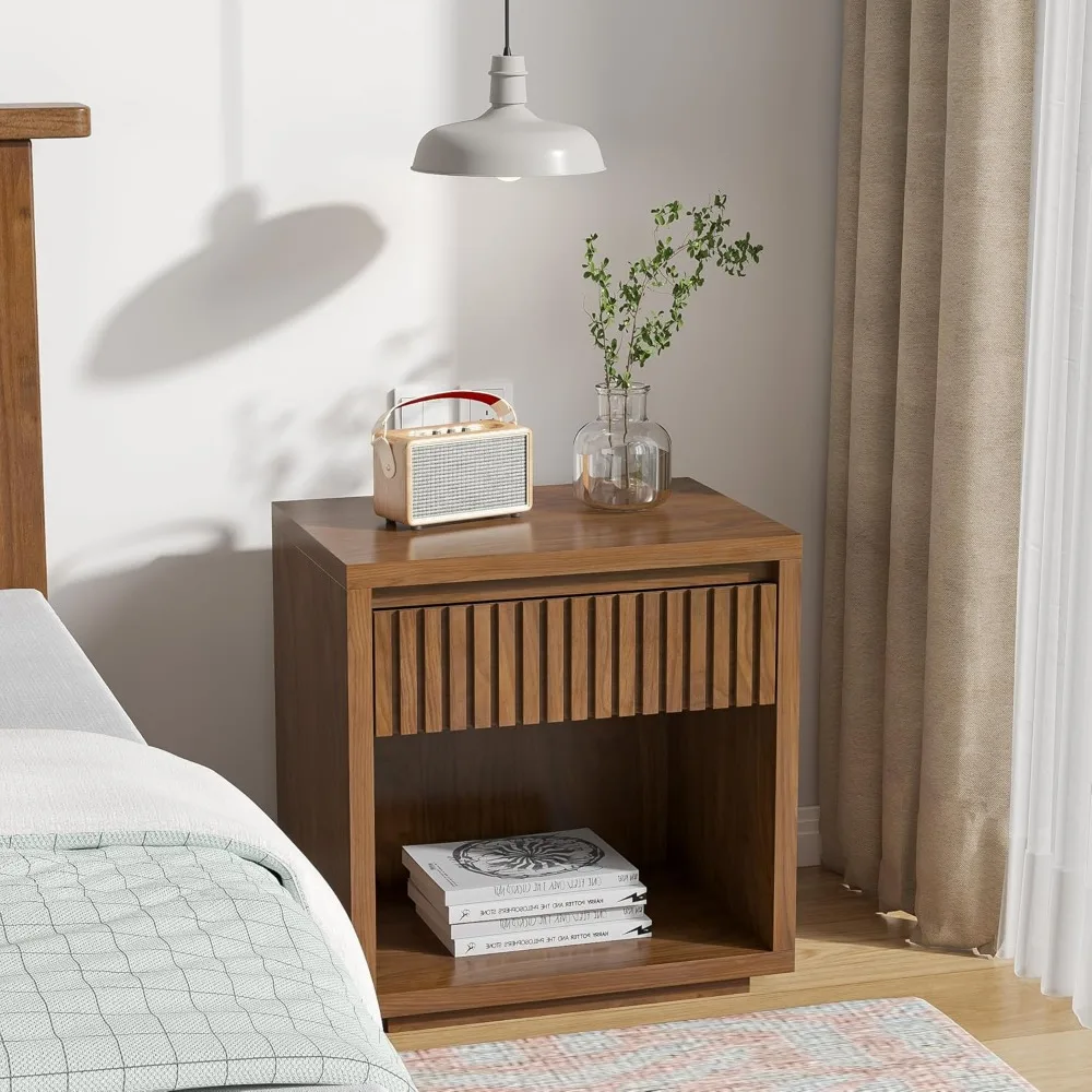 

Mid Century Bedside Table for Living Room, Bedroom, Nightstand with Drawer Storage Fluted Bed Side End Table 22.44in
