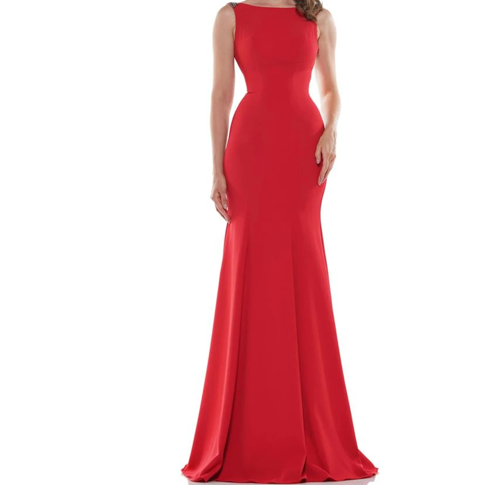 

Customized Modern Pleats Crystal Backless Open Back Evening Dresses Classic Red Mermaid Crew Neck Jersey Party Gowns فساتين سهرة