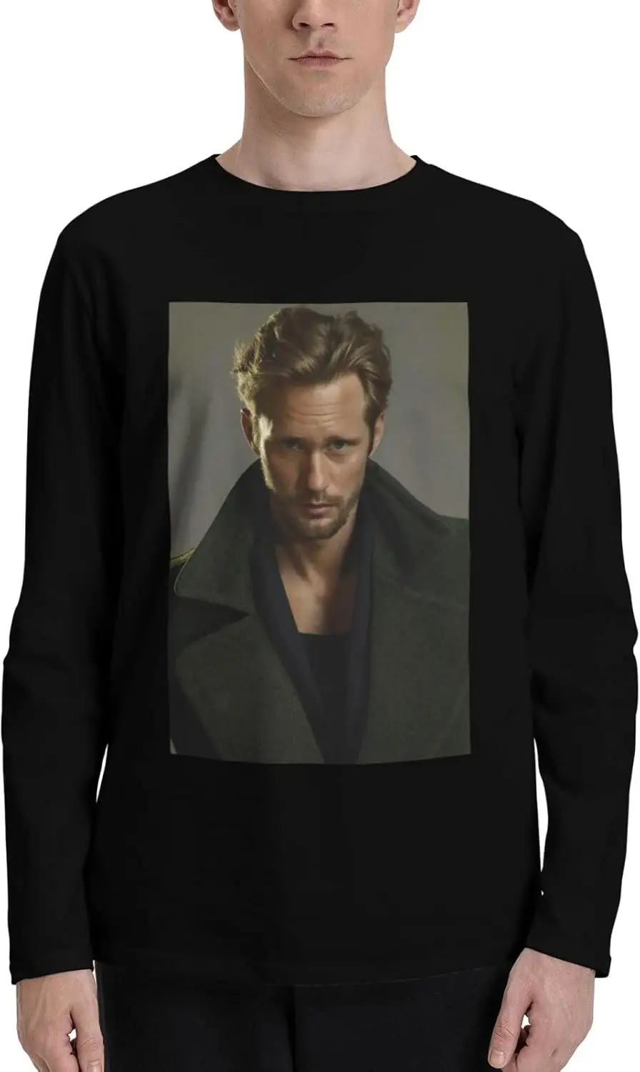 Alexander Skarsgard T-Shirts Men'S Long Sleeve Casual Crew Neck Print Fashion Tee Tops Black