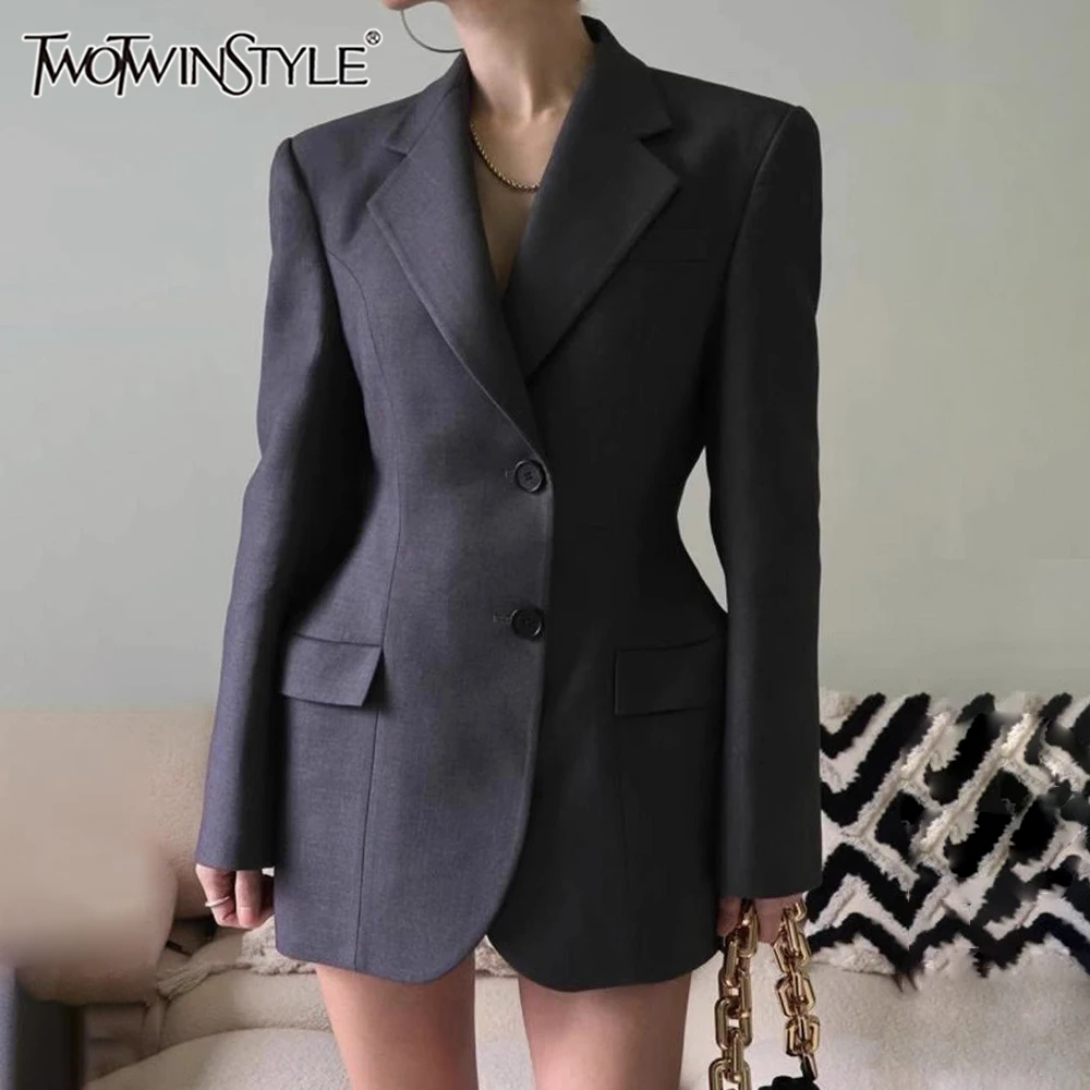 

TWOTWINSTYLE Solid Patchwork Pocket Blazer For Women Notched Collar Long Sleeve Tunic Spliced Button Slimming Blazers Female New