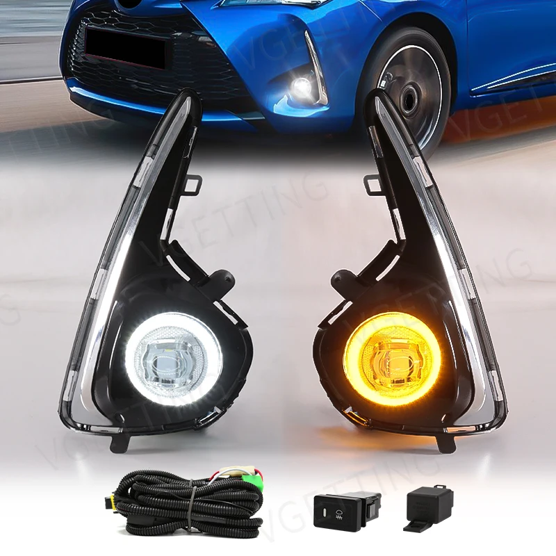 For Toyota Yaris Vitz 2018 2019 2020 Led Fog Lamp Angel Eyes DRL Daytime Running Light Turn Signal Yellow White Chrome Trim 12V