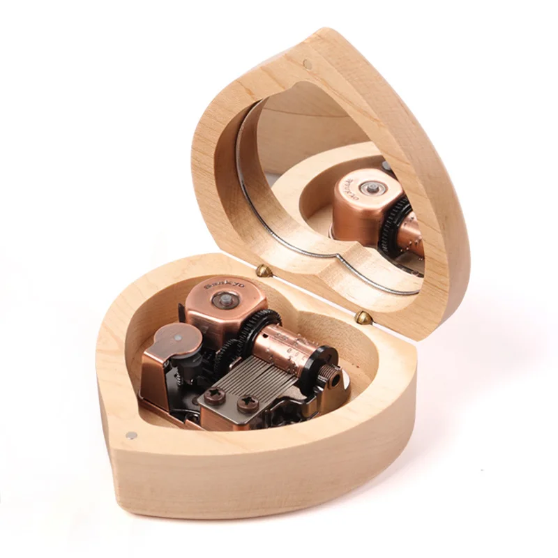 Beadsnice Wooden Music Box with Mirror Japanese Sankyo Movement Creative Love Shape Walnut Octave Box