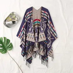 Warm Cozy Winter Poncho Vintage Print Tassel Irregular Hem Women's Cape Poncho Geometric Contrast Color Imitation Cashmere Fall