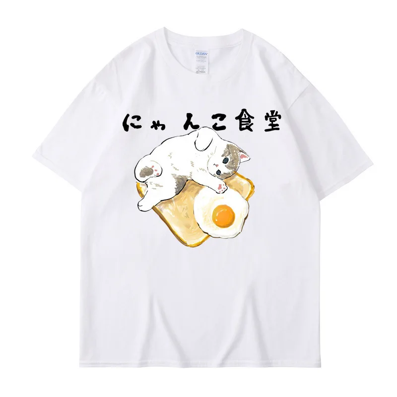 Cute Cat Breakfast Pattern Print T-shirt Women New Japanese Style Short Sleeved T Shirt Female Fashion White Clothes Unisex Tops