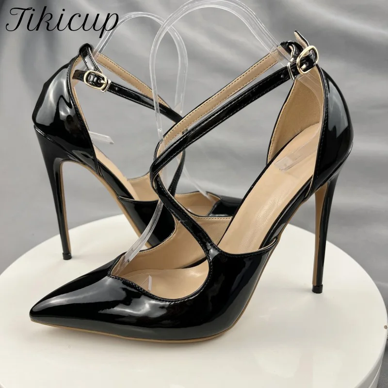 Tikicup Glossy Black Cross Strap Women Pointy Toe High Heels Designer Chic Front V Cut Stiletto Pumps for office &Party Wedding