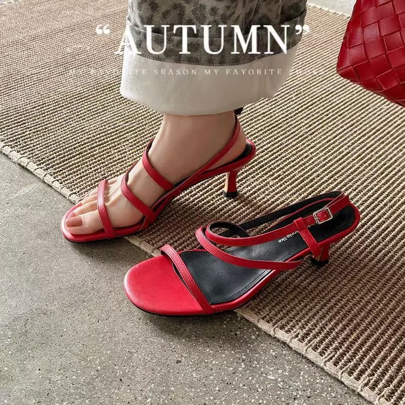 2026 new spring summer women sandals natural leather 22-25cm cowhide+sheepskin+pigskin ankle-buckle high heel women shoes
