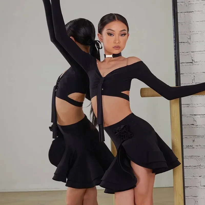 ZYM – haut asymétrique épaule dénudée à manches longues pour fille, personnalisé, même Style, danse latine, grande jupe pivotante irrégulière, ensemble fendu, automne/hiver