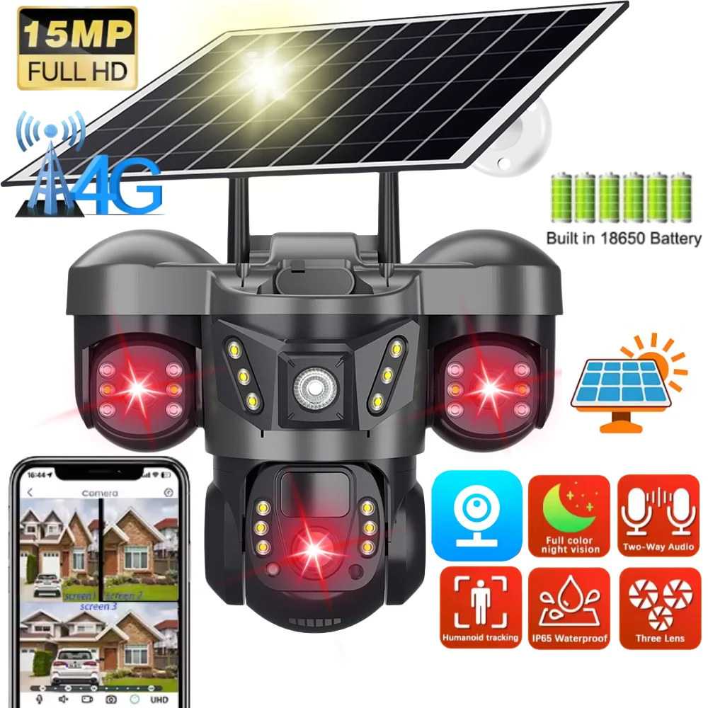 

15MP Three Lens Solar 4G PTZ Camera Outdoor PIR AI Human Detection Video Security IP Network Cameras Battery Surveillance CCTV