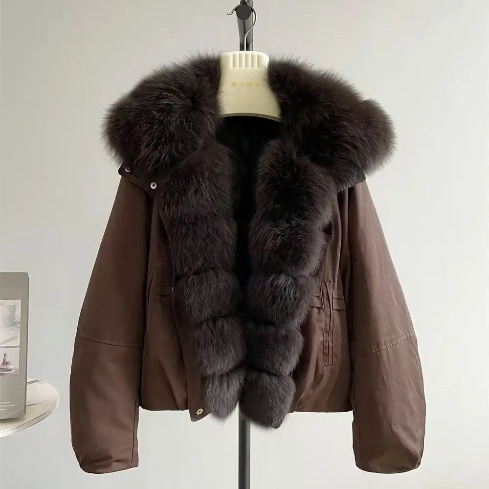 Chaqueta de plumón Parker gruesa y cálida para mujer, abrigo con cuello de piel de zorro desmontable, prendas de vestir cortas y cálidas, novedad de 2025