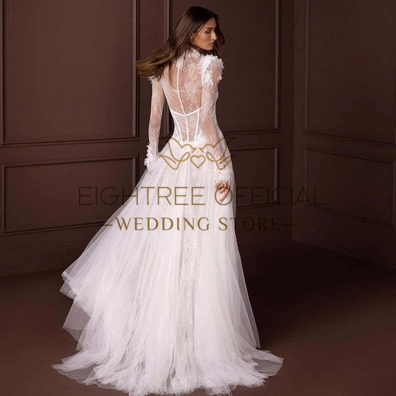 Eightree-vestidos de novia elegantes de corte en A, manga larga, cuello en V, encaje, Espalda descubierta, talla personalizada