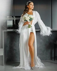 Fur Robe For Women Wedding Morning Robe Side High Split Sexy Pajamas Bride Silk Robe Long Feather Sleeve Female Elegant Dress