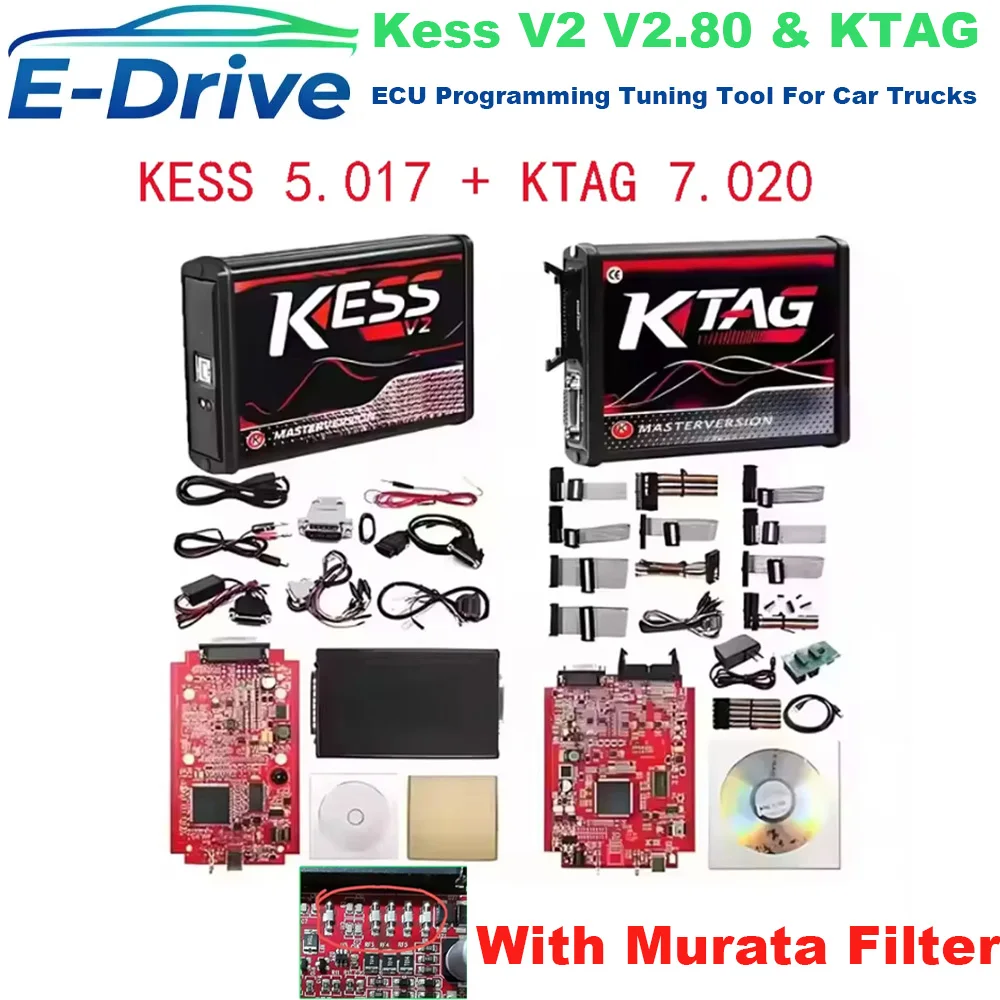 

EU Version ECU Programming Tuning Tool for Kess V2 V5.017 & KTAG V7.020 - OBD2 Car Trucks Master with BDM Software, Red PCB