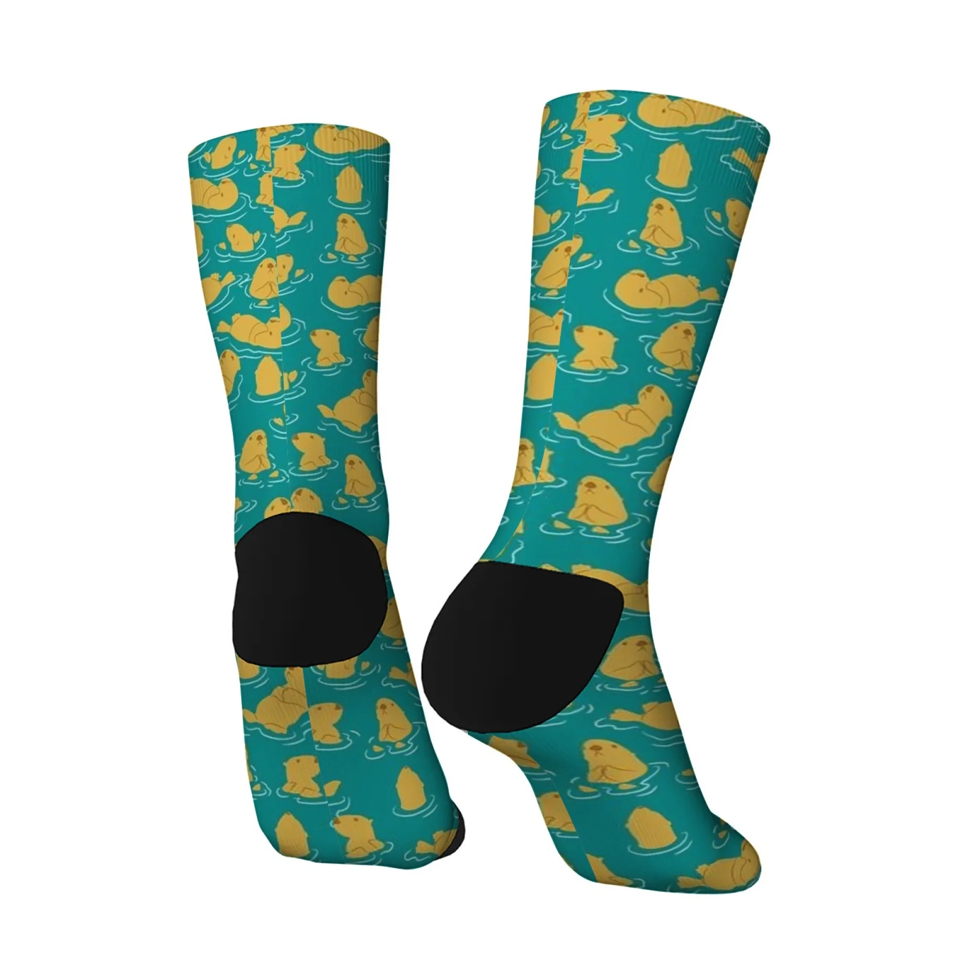 Chaussettes rétro Harajuku pour hommes, imprimé loutre mignonne, fond Turquoise frais avec motif d'animal de dessin animé, chaussettes décontractées, cadeau de fête